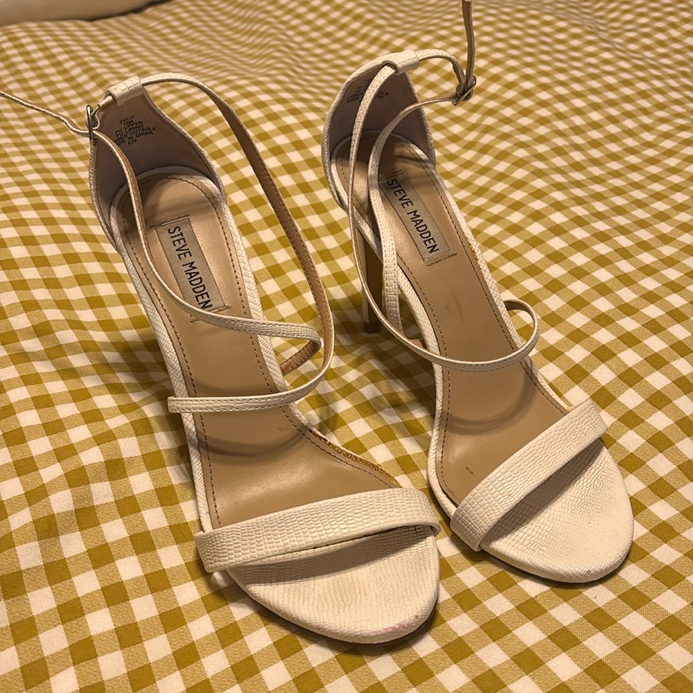Steve Madden 4” white strappy heels.